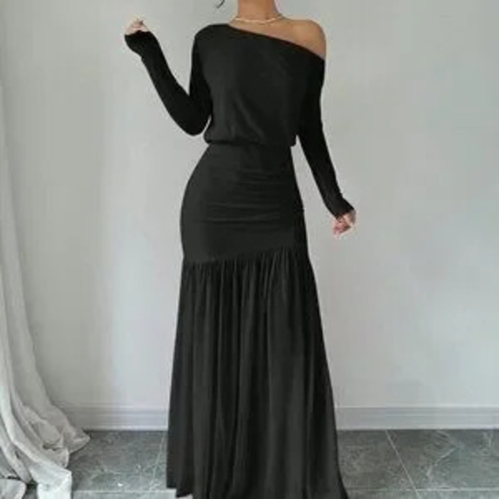 Black Elegant Women's Asymmetrical Neck long sleeved maxi Dress